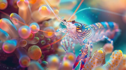 Obraz premium A close-up photograph of a beautiful shrimp, vibrant colors, intricate patterns, near a stunning coral reef