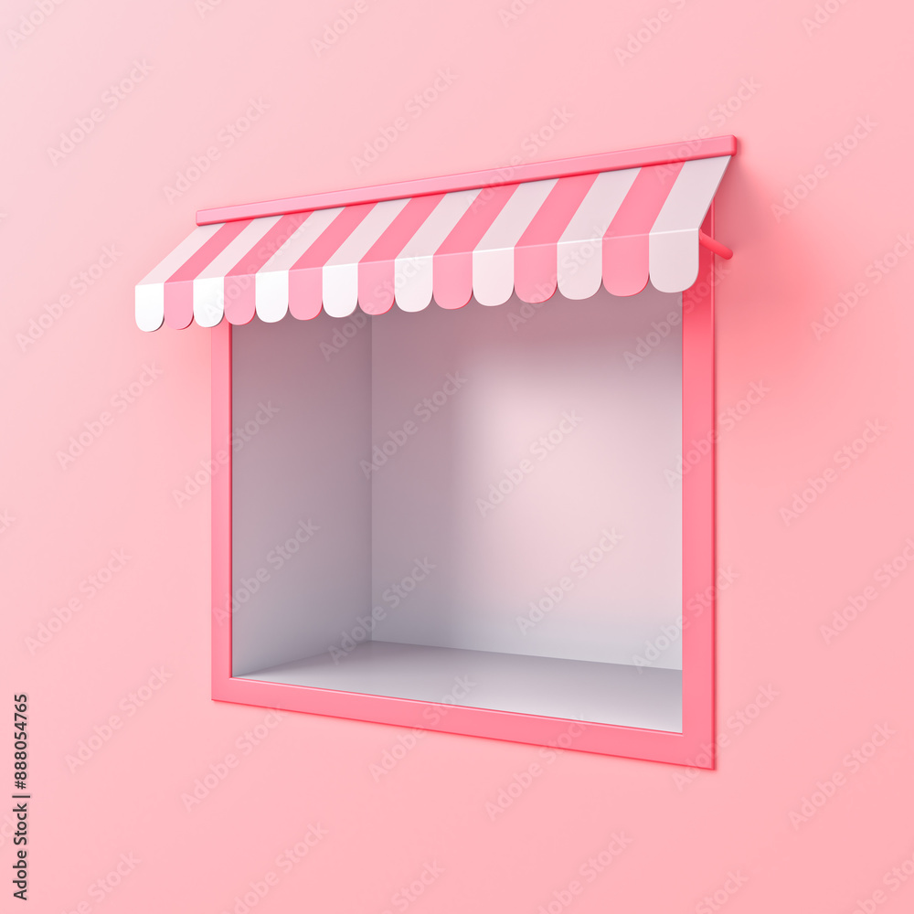 Poster perspective view blank box shelf niche exhibition booth store showcase with pink striped awning or d