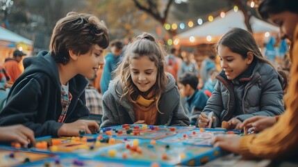 Fototapeta premium Childhood Friends Sharing Joyful Board Game at Vibrant Festival