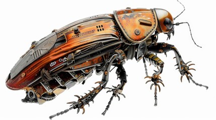 A detailed close-up of a cockroach assembled from scrap metal, with eye-catching and unique patterns, isolated on a white background