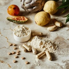 Fototapeta premium A detailed view of a prebiotic fiber supplement with powder and fiber-rich foods. 