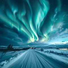 Fototapeta premium Breathtaking aurora borealis dancing in the night sky over a snowy landscape