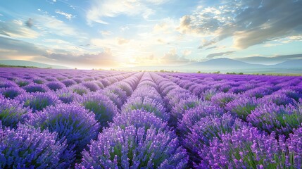 Fototapeta premium Idyllic lavender field in full bloom, with rows of purple flowers stretching to the horizon
