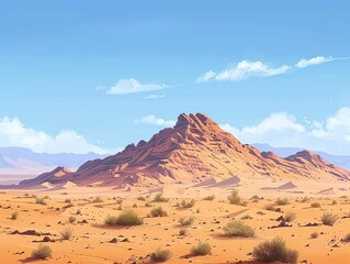 Naklejka premium Peaceful desert landscape with rolling sand dunes, a clear blue sky, and sparse vegetation