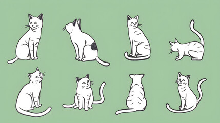 Obraz premium Simple Sketch of Cats in Various Poses on Light Green Background.