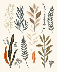 A set of vector illustrations with various plants and leaves in muted earth tones, including brown, beige, grey, white, and black, on an isolated background.