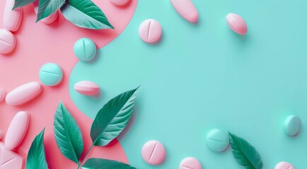 Green leaves, tablets and pills on light blue background with copy space for text. Healthcare and healthy lifestyle concept design.