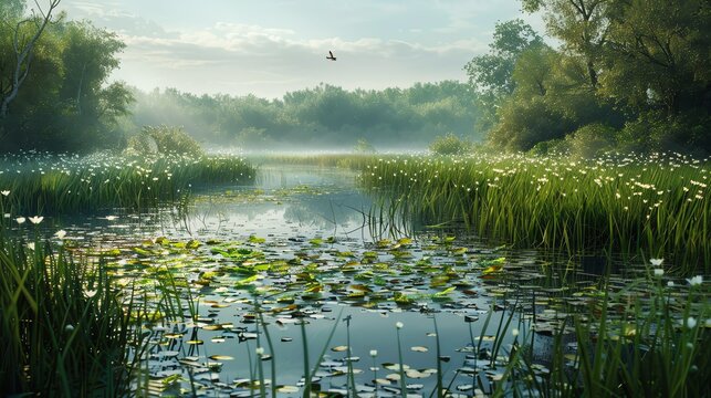 Peaceful wetland with reeds, water lilies, and a variety of bird species