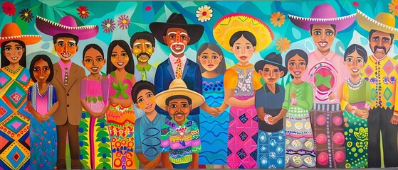 Colorful community mural depicting diverse Hispanic families celebrating together