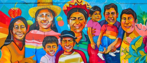 Colorful community mural depicting diverse Hispanic families celebrating together