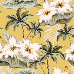 Tropical hibiscus flowers, palm trees, banana leaves, yellow background. Vector seamless pattern. Jungle foliage illustration. Exotic plants. Summer beach floral design. Paradise nature © ojardin