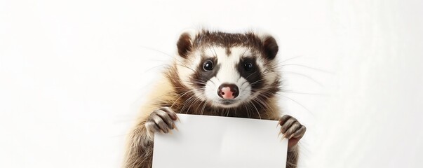 Photo small cute opposum on white background holding a blank piece of paper, animal protection concept, animal keeping	