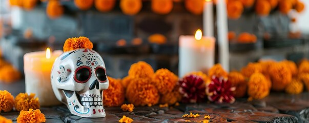 Naklejka premium Elaborate Dia de los Muertos altar adorned with marigolds and candles, cultural celebration, Hispanic Heritage Month