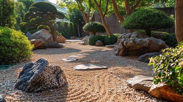 Tranquil zen garden with raked gravel, carefully placed rocks, and a peaceful ambiance