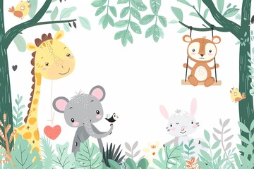 Cute cartoon animals in a jungle setting with copy space.