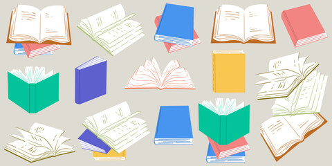 Set of isolated books. Collection of various books in flat illustration style. Hand drawn educational concept. Vector illustration of a book from different angles, open and closed.