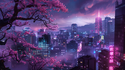 Obraz premium Neon-lit fantasy Japanese city at night, featuring residential skyscrapers and vibrant pink cherry sakura trees. An urban anime night scene.