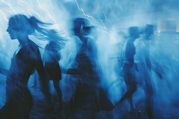 Fototapeta premium Excited Friends Attending Dynamic Music Concert in Electric Blue Atmosphere