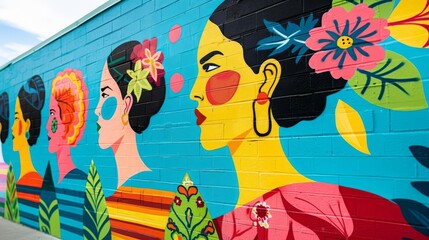 Vibrant mural depicting Hispanic cultural heritage with colorful patterns