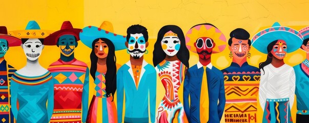 Vibrant mural showcasing people of different backgrounds embracing Hispanic traditions