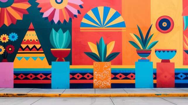 Vibrant mural depicting Hispanic cultural heritage with colorful patterns