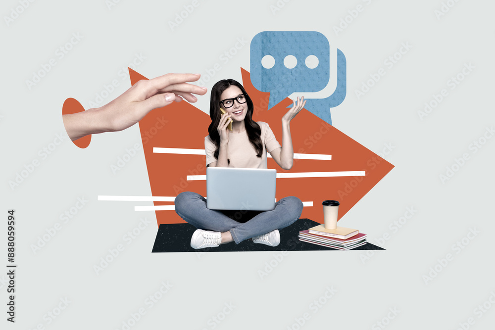 Poster creative template graphics collage image of dreamy lady working communicating modern gadgets isolate