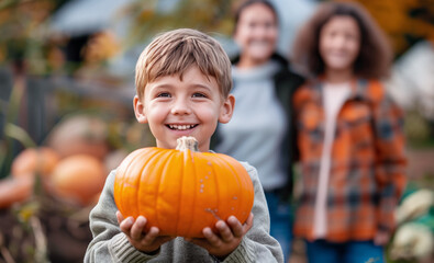 Fototapeta premium Smiling boy carries orange pumpkin from autumn garden with his smiling parents in background fall harvest family activity scene, joyful moment, outdoor fun, seasonal tradition, warm colors happy child