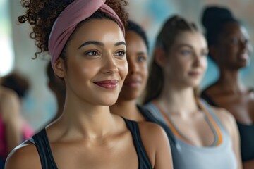 Fototapeta premium A diverse and united group of joyful women engage in a fitness class, reflecting multiculturalism and unity. Womens Equality Day