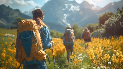 Fototapeta premium Energetic Friends Hiking in Magnificent Mountain Landscape on Sunny Adventure