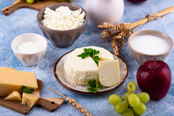 Judaic holiday Shavuot concept. Tzfat cheese and dairy products