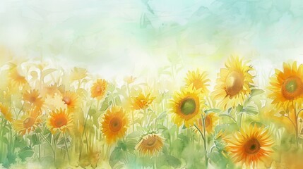 Watercolor Sunflowers in a Field.