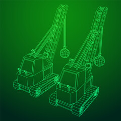 Wrecking ball excavator, demolition crane machine. Wireframe low poly mesh vector illustration