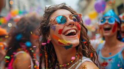 Vibrant and Lively Parade with Enthusiastic Friends Celebrating in the City Street