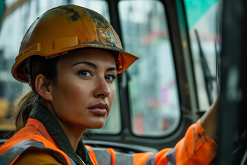 Portrait of a female construction worker in a hard hat and hi-vis jacket, operating heavy machinery. Women's Equality Day, women on construction site, women on the work
