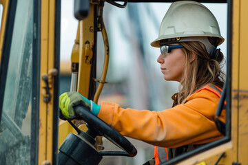 A focused female construction worker is operating heavy machinery at a building site, wearing safety gear. Women's Equality Day, women on construction site, women on the work