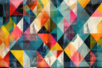 Abstract geometric artwork with vibrant colors and overlapping triangles