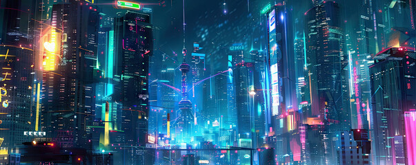 Fototapeta premium Abstract Illustration of Futuristic Cyberpunk City at Night,