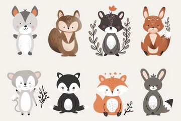 Obraz premium Cute cartoon woodland animals set for kids, nursery, and design projects.