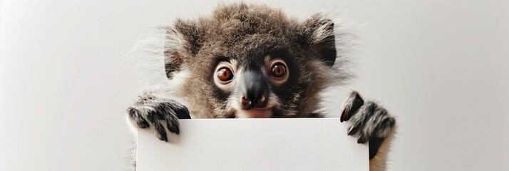 Photo small cute koala on white background holding a blank piece of paper, animal protection concept, animal keeping	