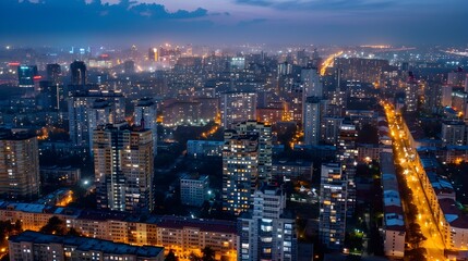 Fototapeta premium Mesmerizing Aerial Cityscape at Night with Glowing Skyscrapers and Winding Streets