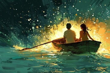 Couple in a Boat Under a Starry Sky