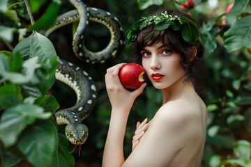 Eve in the garden of Eden, naked, next to the snake, holding a red apple with a bite on it in her hand, covering her breast with the other. She picked the forbidden fruit from the tree of knowledge.
