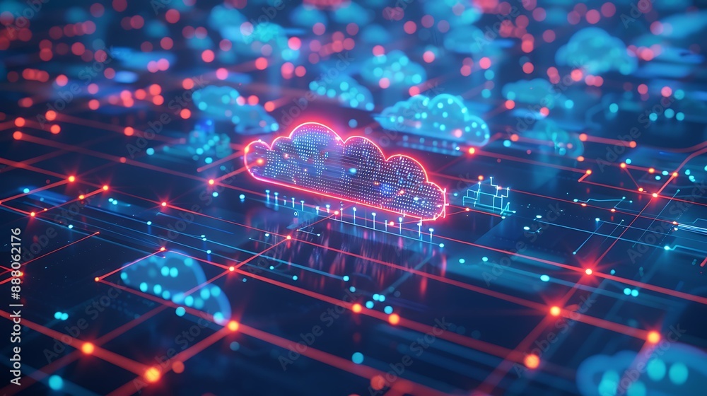Poster Abstract representation of cloud computing with digital data streams and interconnected network nodes on a blue background symbolizing seamless data transfer
