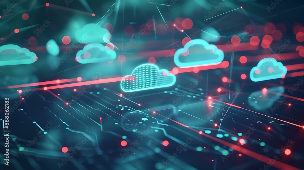 Poster Abstract representation of cloud computing with digital data streams and interconnected network nodes on a blue background symbolizing seamless data transfer