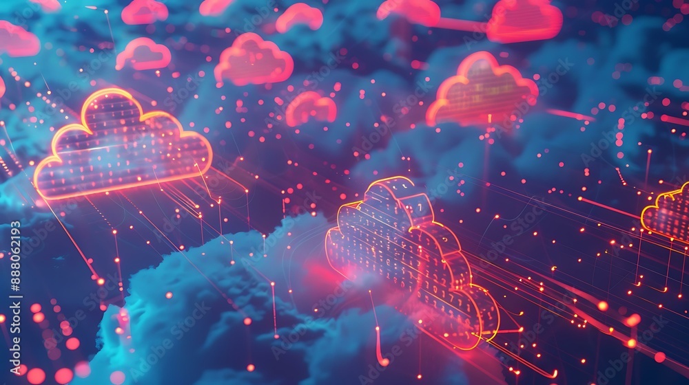 Poster Abstract representation of cloud computing with digital data streams and interconnected network nodes on a blue background symbolizing seamless data transfer