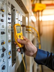Electricity and electrical maintenance service, Engineer hand holding AC voltmeter checking electric current voltage at circuit breaker terminal and cable wiring main power distribution board