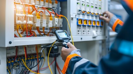 Electricity and electrical maintenance service, Engineer hand holding AC voltmeter checking electric current voltage at circuit breaker terminal and cable wiring main power distribution board