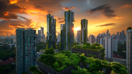 Obraz premium Captivating Futuristic Cityscape with Serene Rooftop Greenery and Dramatic Sunset Skyline