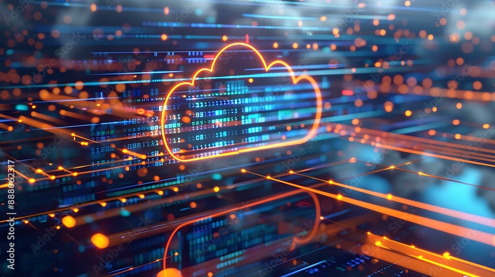 Poster Futuristic illustration of cloud servers and binary code flowing through a digital grid showcasing efficient and secure data transfer