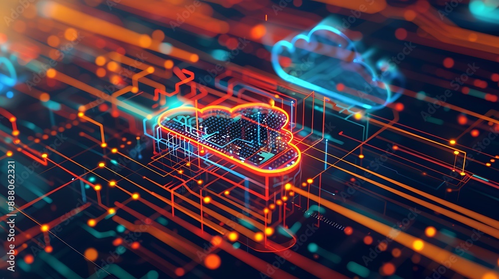 Poster High-tech image of a cloud icon surrounded by dynamic data lines and holographic elements depicting real-time data processing and cloud storage